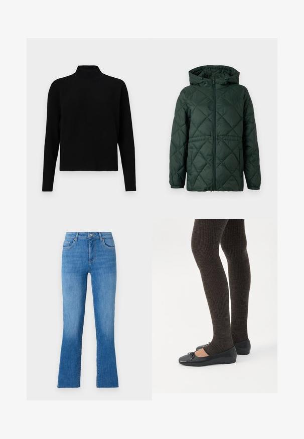 Tumedast roheline tikitud jope, millel on eeslukuga avamine, kapuuts ja elastsed mansetid. Omab struktureeritud viimistlust ja kuldseid diameetrilisi mustreid.; JDY Knitted JDYPRIME Knitted - Džemper - black; Sinine denimipaar, millel on laienev jalg, keskmise kõrgusega vöökoht, viis taskut ja klassikaline hõbedane nööpkinnitus. Sile tekstuur.; Jalad seljas tumedad soonelises soonelises kombines mustade baleriinadega, millel on väikesed paelade detailid valgel taustal.