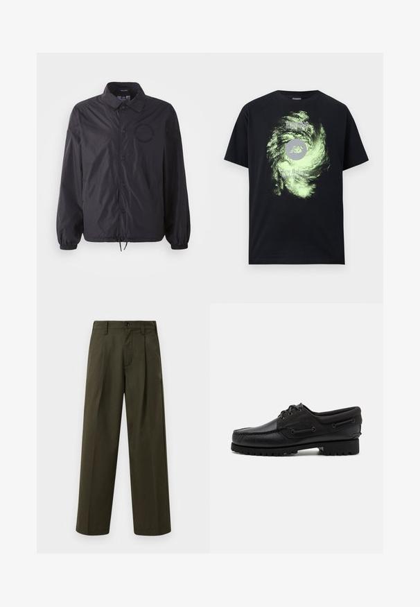 Schwarze, leichte Jacke mit Knopfleiste, elastischen Bündchen, verstellbarem Saum und gesticktem Logo auf der Brust. Glattes, leicht glänzendes Material.; Schwarzes T-Shirt mit kurzen Ärmeln, grünem wirbelndem Galaxie-Design, Schriftzug „New Balance Athletics Inc.“ und „Running Since 1906“ oberhalb des Logos.; Olivgrüne weit geschnittene Hosen aus Baumwolle mit glatter Textur, ausgestattet mit einer Fronttasche, Gürtelschlaufen und einem einzigen Knopfverschluss.; Schwarzer Schuh mit einem Obermaterial aus Leder, textilen Akzenten, runden Schnürsenkeln und einer strukturierten Gummisohle. Verfügt über Mokassin-Nähte und eine Markeninschrift.