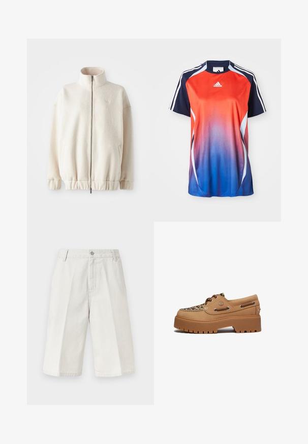 Katoenen fleece jack met ritssluiting in crème, met een hoge kraag, ribgebreide manchetten, elastische zoom en zijzakken. Subtiele logo op de borst.; Adidas sportshirt met korte mouwen, voorzien van een gradient van rood naar blauw, met marineblauwe accenten en witte strepen langs de schouders.; Lichtbeige knielange korte broek met subtiele verticale krijtstrepen, ceintuurlussen, knoop aan de voorkant en ritssluiting.; Timberland STONE STREET - Bootschoenen - medium beige