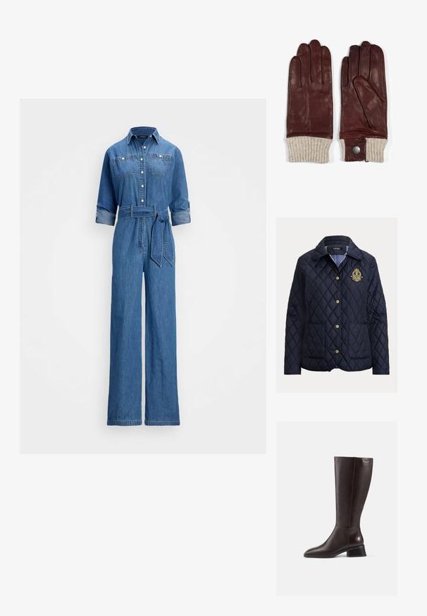 Marineblaue gesteppte Jacke mit Rautenmuster, goldenen Knöpfen, zwei Fronttaschen und einem gestreiften Innenfutter. Mit einem bestickten Emblem versehen.; Denim-Overall in Mittelblau, mit einer Knopfleiste vorne, zwei Brusttaschen, hochgekrempelten Ärmeln, tailliertem Gürtel und weitem Bein-Silhouette.; Knöchelhohe, braune Lederstiefel mit glatter Oberfläche, abgerundeter Spitze und gestapeltem schwarzen Absatz. Schlichtes Design mit minimalen Hardware-Details.; Braune Lederhandschuhe mit gerippten, hellbraunen Strickbündchen, die über einen Druckknopfverschluss am Handgelenk verfügen. Glatte Textur und eng anliegendes Design für fünf Finger.
