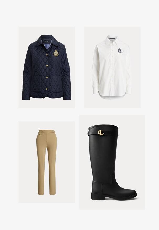 Marineblå quiltet jakke med diamantmønster, guldknapper, to forlommer og en stribet inderfor. Har et broderet emblem.; Hvid langærmet skjorte med knapper og spidser krave samt sort broderet logo på venstre bryst.; Beige slim-fit kvindebukser med høj talje, to knapper i siden og en lille lomme med knap nær taljebåndet.; Sort knæhøj gummistøvle med lav hæl og en guldfarvet RLL-logo spænde nær toppen på en ensartet lys baggrund.