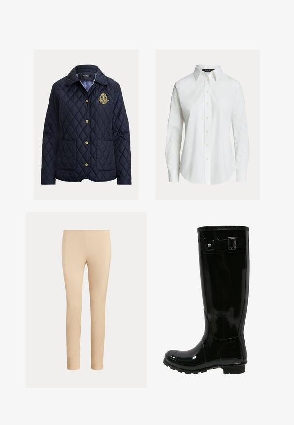 Veste matelassée bleu marine avec motif en losanges, boutons dorés, deux poches avant et doublure intérieure rayée. Comprend un emblème brodé.; Chemise blanche à manches longues avec col pointu, boutons sur le devant et ourlet légèrement incurvé.; Pantalon beige slim fit longueur cheville avec une finition lisse, sans poches visibles ni ornements, sur un fond uni.; Botte de pluie en caoutchouc noir avec une finition brillante, design haut, accent de boucle sur le côté, semelle texturée pour l'adhérence et bout arrondi.