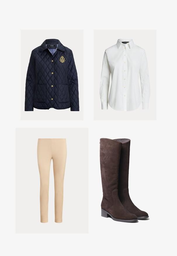 Marineblå quiltet jakke med diamantmønster, guldknapper, to forlommer og en stribet inderfor. Har et broderet emblem.; Hvid skjorte med lange ærmer, knapper foran, spids krave og let buet kant.; Beige slim-fit ankellange bukser med en glat finish og uden synlige lommer eller pynt på en ensfarvet baggrund.; Brune ruskind knæhøje støvler med en let afrundet tå og lav blokhæl. Har diskrete syningsdetaljer langs siderne.