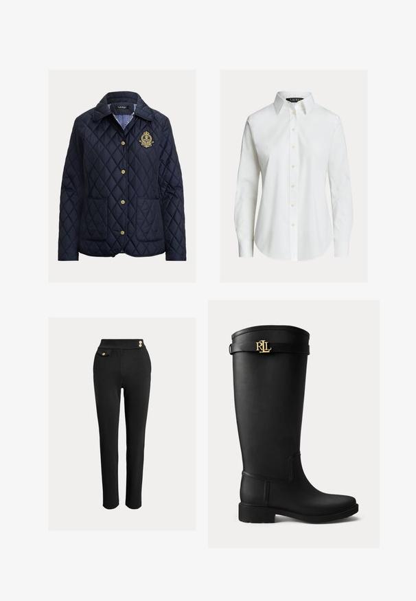 Marineblå quiltet jakke med diamantmønster, guldknapper, to forlommer og en stribet inderfor. Har et broderet emblem.; Hvid skjorte med lange ærmer, knapper foran, spids krave og let buet kant.; Sorte slim-fit bukser med høj talje, dekorative guldknapper på taljen og en lille klaplomme på højre side.; Sort knæhøj gummistøvle med lav hæl og en guldfarvet RLL-logo spænde nær toppen på en ensartet lys baggrund.