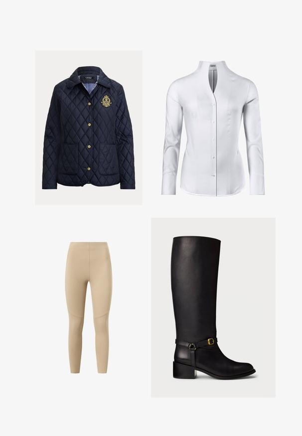 Marineblauw doorgestikt jack met een ruitpatroon, gouden knopen, twee voorzakken en een gestreepte voering. Heeft een geborduurd embleem.; Witte blouse met lange mouwen, voorzien van een staande kraag, knoopsluiting en zijnaad. De stof heeft een gladde, gepolijste textuur.; Beige legging met een gladde, rekbare textuur. Hoge tailleband en nauwsluitend ontwerp. Subtiele stikdetails bij de knieën en zijkanten.; Zwarte leren kuitlange laarzen met een lage blokhak en een decoratieve band met een kleine gouden gesp op de enkel.