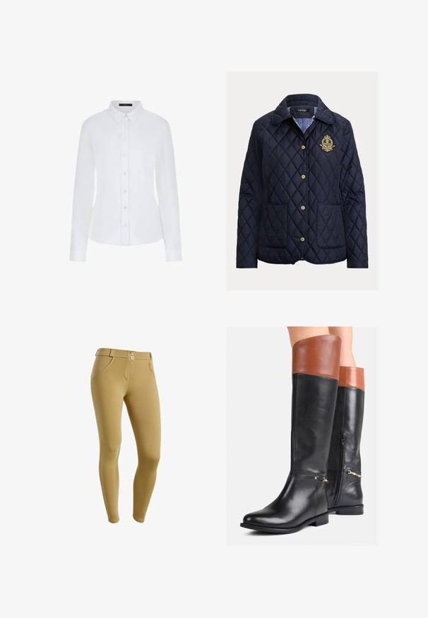 Chaqueta acolchada azul marino con patrón de rombos, botones dorados, dos bolsillos frontales y un forro interior a rayas. Cuenta con un emblema bordado.; Camisa blanca de manga larga con cuello, cierre de botones en la parte delantera y puños. Elaborada en una tela suave con un diseño ajustado y sin patrones visibles.; Leggings color beige hechos de tejido elástico, con cintura alta, cierre de dos botones, bolsillos laterales y una silueta ajustada.; Botas de cuero negras hasta la rodilla con puños marrones, cremalleras laterales, tacones bajos y pequeñas cadenas decorativas en tonos dorados, llevadas sobre piernas desnudas.