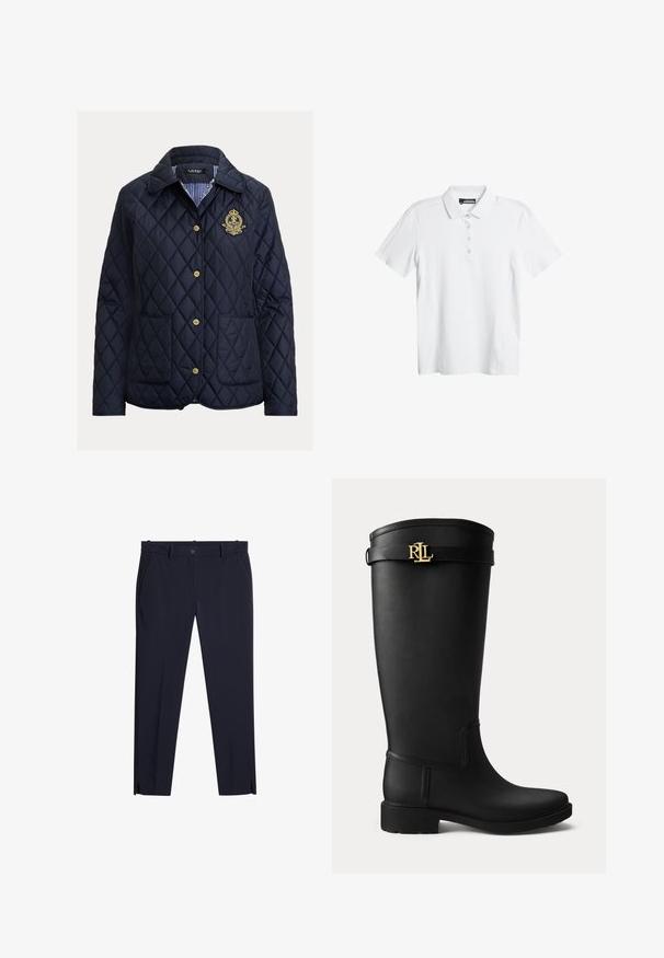 Chaqueta acolchada azul marino con patrón de rombos, botones dorados, dos bolsillos frontales y un forro interior a rayas. Cuenta con un emblema bordado.; Camisa polo blanca con un sutil patrón de olas, manga corta y una tapeta de tres botones. Fabricada en una tela suave y ligera.; Pantalones oscuros de navy para hombre, de corte slim, con pasadores para cinturón, bolsillos frontales, cremallera y pequeñas aberturas en la parte delantera del dobladillo.; Bota de lluvia negra hasta la rodilla con tacón bajo y hebilla dorada con el logo RLL cerca de la parte superior sobre un fondo claro y liso.
