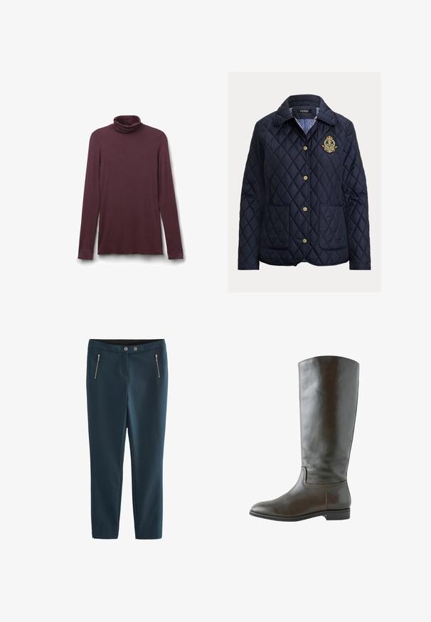 Marineblå quiltet jakke med diamantmønster, guldknapper, to forlommer og en stribet inderfor. Har et broderet emblem.; Langærmet, mørklilla rullekravetrøje med en glat tekstur, vist fladt på en hvid baggrund.; Next SKINNY PETITE - Bukser - navy blue; Høj brun læderstøvle med lav hæl, rundet tå og enkelt syning langs anklen og sålens kanter.