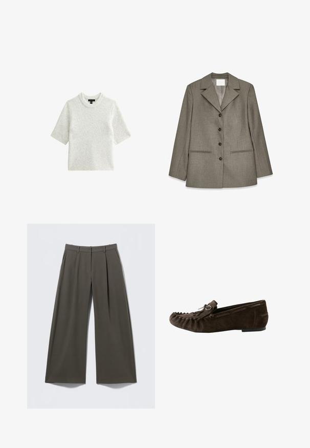 Blazer gris con acabado texturizado, solapas de pico, cierre frontal de seis botones, dos bolsillos frontales y un corte entallado.; Suéter de manga corta en gris claro, confeccionado en un material de punto suave. Presenta un escote redondeado y un corte relajado, con una textura lisa.; Pantalones de pierna ancha en color oliva oscuro con trabillas para cinturón, pliegues frontales, bolsillos laterales y cierre con cremallera.; Mocasín de ante marrón oscuro con costura de mocasín y un lazo decorativo en la parte superior, suela plana, perfil lateral sobre fondo blanco.