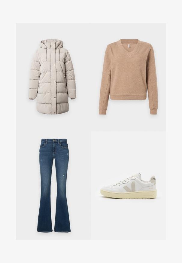 Beige polstret vinterjakke med hætte, frontlynlås, to sidelommer, trykknaplukning og quiltede paneler for isolering og varme.; Beige ribstrikket sweater med V-hals, lange ærmer og tætsiddende manchetter. Blød tekstur med en let løs pasform og en lige kant.; Flared jeans i mørkeblå denim med slidte områder. Har fem lommer og lynlås foran. Mellemvægtigt stof med en glat tekstur.; Hvide lærreds sneakers med beige ruskindsdetaljer, perforeret tåboks, flade snørebånd og en struktureret cremefarvet sål. Har diskret branding på hælen.
