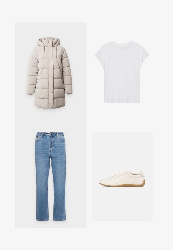 Manteau d'hiver beige rembourré avec capuche, fermeture éclair avant, deux poches latérales, fermetures à pression et panneaux cousus pour l'isolation et la chaleur.; T-shirt blanc à manches courtes, col rond, coupe décontractée, en tissu de coton doux. Texture lisse, sans motifs ni logos.; Jean en denim bleu clair avec une coupe droite, cinq poches, fermeture à bouton à l'avant et décoloration subtile sur le tissu.; Baskets en cuir blanc à texture lisse, bout arrondi et coutures ton sur ton. Elles comportent une semelle en caoutchouc beige et une fermeture à lacets.