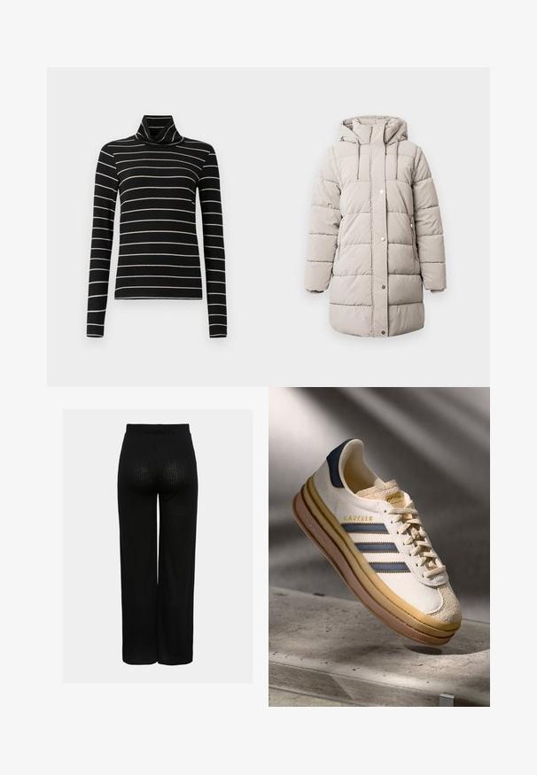 Beige polstret vinterjakke med hætte, frontlynlås, to sidelommer, trykknaplukning og quiltede paneler for isolering og varme.; Sort turtleneck med lange ærmer, der har vandrette hvide striber. Blødt stof med en glat tekstur. Løst design, alsidig stil.; Sort ribbede bukser med vid ben, der har en elastisk talje og en struktureret overflade med diskrete lodrette linjer.; Adidas Gazelle sneaker med en creme farvet ruskindsoverdel, blå læderdetaljer, tre blå striber, beige mellemsål og brune gummisål.