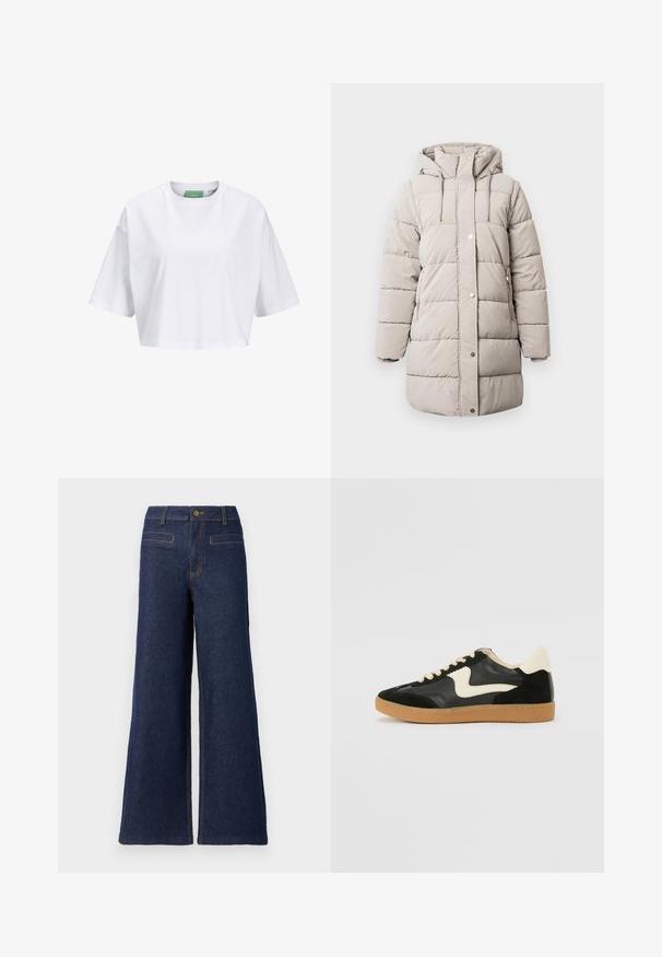 Beige gepolsterter Wintermantel mit Kapuze, Frontreißverschluss, zwei Seiten Taschen, Druckknopfverschlüsse und gestickte Paneele für Isolierung und Wärme.; Weißes, kurzärmliges Crop-Top aus Baumwolle mit Rundhalsausschnitt. Grünes Etikett innen mit sichtbar Markenname.; Verkürzte Jeanshose mit weitem Bein in Dunkelblau, mit hoher Taille, Knopfverschluss und kontrastierenden orangen Nähten. Zwei sichtbare Gesäßtaschen.; Schwarze Wildleder- und Leder-Sneaker mit einem cremefarbenen Seiten-Swoosh und einer hellcremefarbenen Ferse. Ausgestattet mit beige Schnürsenkeln und einer Gummilaufsohle.