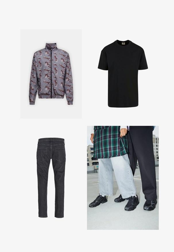 Wasserabweisende Windbreaker-Jacke in Grau mit einem verspielten Muster aus braunen Figuren und weißen Akzenten. Mit Kragen und elastischen Bündchen.; Urban Classics SHORTSLEEVE - T-Shirt basic - black; Dunkelgraue Jeans mit geradem Bein, von hinten gezeigt, mit zwei Gesäßtaschen und Gürtelschlaufen am Bund.; Schwarze Sportschuhe mit Mesh- und Gummielementen. Kombiniert mit hellgrauen weiten Jeans und einem karierten grünen Oberteil. Flacher Hintergrund.