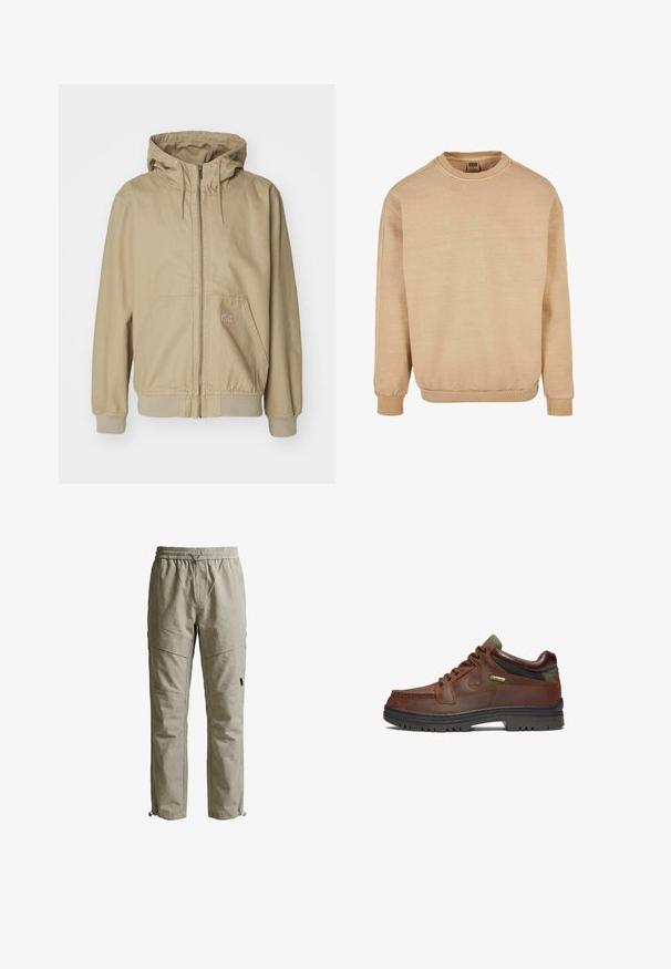 Beige gewatteerde jas gemaakt van een katoenmix, met een volledige rits, een capuchon met trekkoord en voorzakken. Zachte textuur met geribde mouwen.; Beige sweatshirt gemaakt van een zachte stof, met een ronde hals, geribbelde manchetten en een ontspannen pasvorm. Geen graphic of versieringen aanwezig.; Beige lichtgewicht cargobroek met elastische tailleband, voor- en zijzakken, en verstelbare trekkoorden bij de enkels.; Bruin leren schoen met een klassiek ontwerp, uitgerust met een vetersluiting, groene accenten en een robuuste zwarte rubberen zool. GORE-TEX® label zichtbaar.