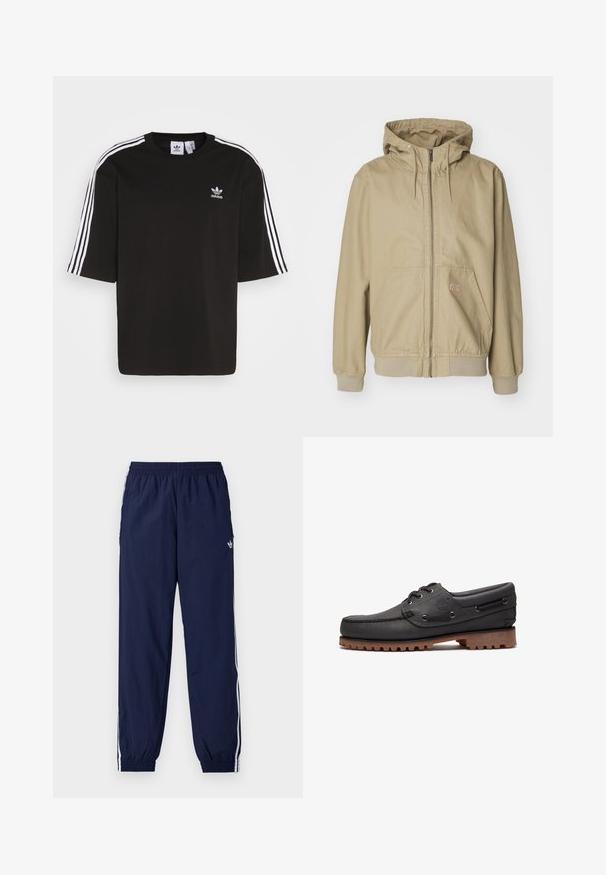 Beige gewatteerde jas gemaakt van een katoenmix, met een volledige rits, een capuchon met trekkoord en voorzakken. Zachte textuur met geribde mouwen.; Zwarte T-shirt met korte mouwen, gemaakt van katoen, met witte drie-strepen accenten op de schouders en een geborduurd Adidas-logo op de borst.; Marineblauwe trainingsbroek gemaakt van lichtgewicht stof, met witte strepen langs de zijkanten, een elastische tailleband en een klein logo.; Zwart leren bootschoen met veters, ronde neus, gestructureerde bruine rubberen zool en gestikte leren zijkanten.