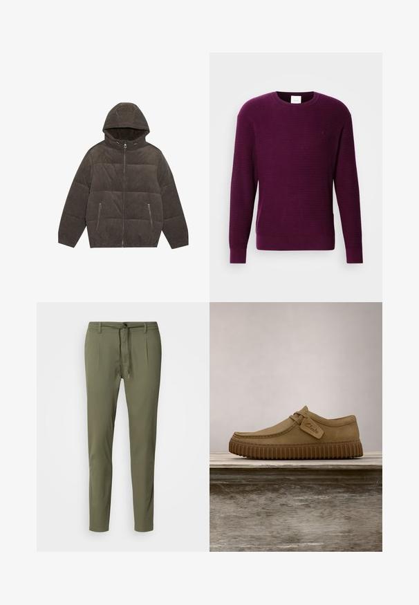 Chaqueta de plumas con capucha en suave sarga gris oscuro. Presenta cierres de cremallera, dos bolsillos frontales y un diseño acolchado con puños elásticos.; Suéter de punto morado con cuello redondo, mangas largas y puños acanalados. La tela texturizada presenta un patrón sutil y un pequeño detalle de logo.; Pantalones verde oliva de tejido ligero, con cintura ajustable, dos pliegues frontales y un corte ajustado. Textura suave.; Zapatos de ante marrón claro con puntera redondeada, detalles de costura y una suela de goma marrón acanalada. Presentan una etiqueta lateral con el logotipo de "Clarks".