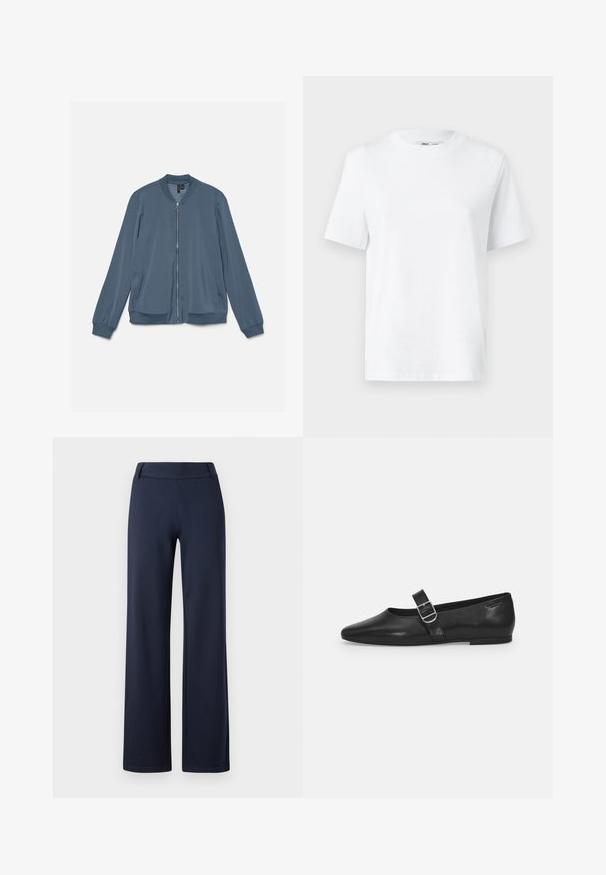 Cazadora bomber azul ligera con cremallera frontal, cuello, puños y cinturilla de canalé, y dos bolsillos laterales.; Camiseta de algodón blanca de cuello redondo con mangas cortas y una textura suave. Diseñada con un ajuste relajado para mayor comodidad y versatilidad.; Pantalones de pierna ancha en azul marino, fabricados con un material suave y elástico. Cuentan con una cinturilla plana y una textura suave; sin patrones visibles ni herrajes.; Zapato plano de cuero negro con punta redondeada, una sola correa ajustable con hebilla y una textura suave y brillante. Diseño minimalista con un tacón bajo.