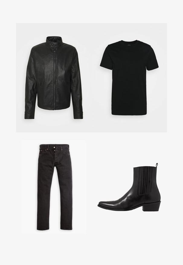 Schott Veste en cuir - black; T-shirt noir à manches courtes en coton lisse, avec un col ras du cou et un design simple sans motifs ni accents.; Jean slim noir avec patte de boutonnage, cinq poches et rivets en cuivre, à plat sur fond blanc.; Bottine noire en cuir avec un bout pointu, des panneaux latéraux élastiques, des accents de coutures verticales et un petit talon bloc.