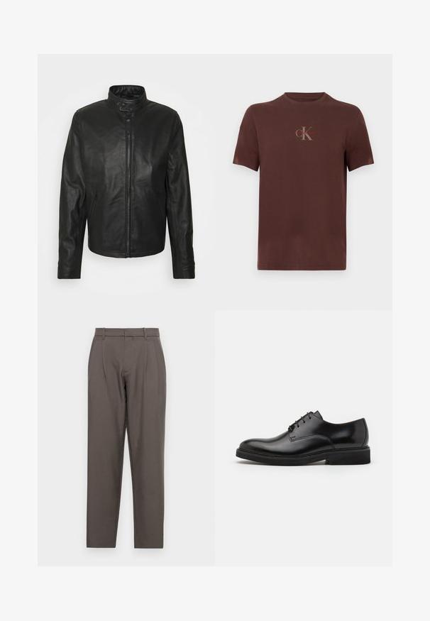 Schott Nahkjakk - black; Pruun puuvillane lühikeste varrukatega t-särk, millel on rinnal halli ja punast värvi logo, ümmargune kaelus ja lõdvestunud lõige.; Jack & Jones Classic Wide Leg Fit - Püksid - pavement; Mustad musta nahast king, ümarate varvastega, viie silmaga paeltele, sile tekstuur ja madal kummist tall.
