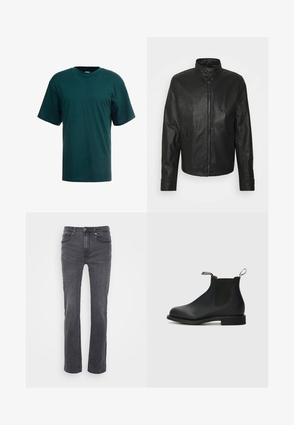 Schott Chaqueta de cuero - black; Camiseta de algodón verde oscuro con mangas cortas, escote redondo y un corte relajado. Textura suave sin patrones o acentos visibles.; Jeans de mezclilla gris con un diseño de pierna recta, que cuentan con bolsillos delanteros y un cierre de botón clásico. Textura suave con un ligero desvanecimiento.; Botines Chelsea de cuero negro con paneles laterales elásticos, punta redondeada y tirador. Presenta un tacón bajo y una textura suave.