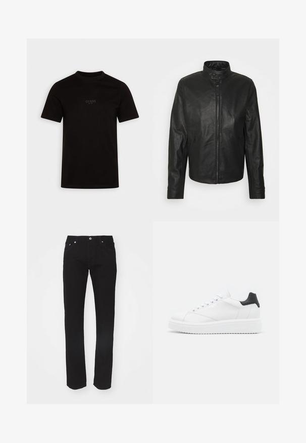 Schott Lederjacke - black; Schwarzes T-Shirt mit kurzen Ärmeln aus Baumwolle, mit Rundhalsausschnitt und einem dezenten Frontlogo auf der Brust, das "GUESS EST. 1981" zeigt.; Schwarze Denim-Jeans mit geradem Bein schnitt, fünf Taschen-Design und einem Metallknopfverschluss an der Taille. Glatte Textur, keine sichtbaren Muster.; Weiße Leder-Sneaker mit schwarzem Fersenbereich, flachen Schnürsenkeln, strukturiertem Zwischensohlenteil und Branding auf der Außenseite. Entworfen für den Casual-Look.