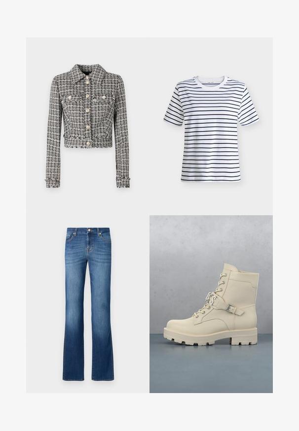 Schwarze und weiße Tweedjacke mit einem cropped Design, ausgestattet mit einem Kragen, fünf Knöpfen und zwei Brusttaschen mit dekorativen Akzenten.; Weißes T-Shirt mit kurzen Ärmeln und Rundhalsausschnitt mit gleichmäßig verteilten horizontalen schwarzen Streifen auf Vorder- und Ärmelteilen.; Blaue Denim-Jeans mit ausgestelltem Bein im klassischen Fünf-Taschen-Design, mit ausgewaschenem Look, goldfarbenen Nähten und einem Knopfverschluss an der Taille.; Elfenbeinfarbene Knöchelstiefel mit strukturierter Oberfläche, silberner Schnallenriemen, Schnürdesign und dickem Sohlenprofil, positioniert über einem Steinweg.