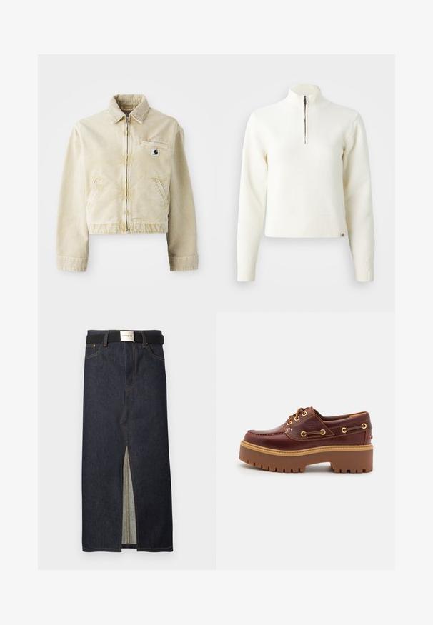 Beige cropped jakke lavet af blødt stof, med en frontlynlås, krave, to sidelommer og et lille logo-patch på brystet.; Hvid, sweater med lynlås ved halsen og lange ærmer. Lavet af et blødt strikmateriale, med ribbede manchetter og kant. Diskret mærke-logo ved kanten.; Denim midinederdel i mørkeblå med en frontslids. Har gule syninger og et sort bælte med sølvspænde. Enkel, lige design.; Brune læder bådsko med en kraftig brun gummisål, gyldne snørehuller og kontraststing. Har et logo på siden.