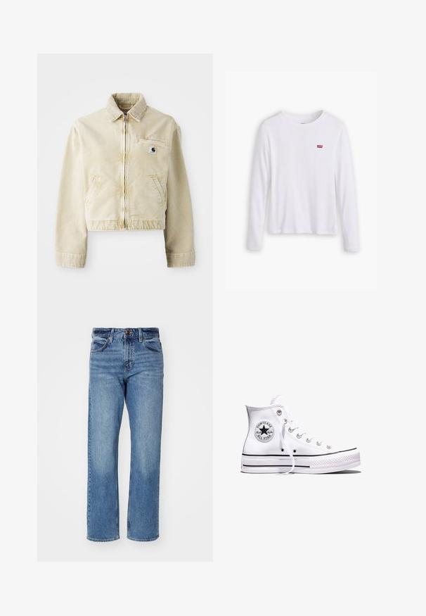 Beige cropped jack gemaakt van zachte stof, met een rits aan de voorkant, een kraag, twee zijzakken en een klein logo label op de borst.; Witte lange mouwen shirt van zachte katoen. Bevat een klein rood Levi's logo op de linkerborst. Klassiek ronde hals ontwerp.; Lichtblauwe rechte jeans gemaakt van denim. Bevat vijf zakken, een klassieke knoopsluiting en subtiele fading door de stof.; Witte Converse Chuck Taylor All Star sneaker met hoge schacht, zwarte strepen en logo-patch aan de zijkant, weergegeven tegen een effen witte achtergrond.