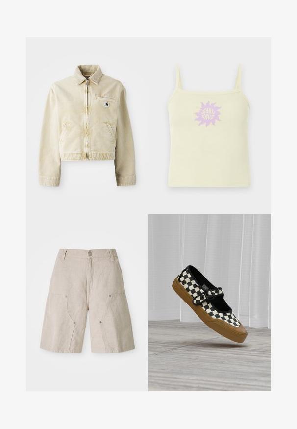 Beige cropped jakke lavet af blødt stof, med en frontlynlås, krave, to sidelommer og et lille logo-patch på brystet.; Flødefarvet ribbet tanktop med tynde stropper og en lilla solgrafik med teksten "Santa Cruz" midt for.; Beige linnedshorts med en afslappet pasform, der har to forlommer og cirkulære metaldetaljer. Afslappet design med en tekstureret overflade.; Sort-hvidternet Mary Jane sneaker med brun gummisål, sort spænde, svævende over et lyst trægulv og hvide gardiner.