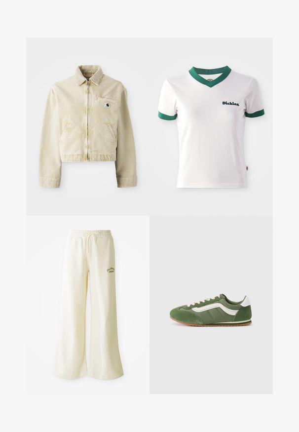 Chaqueta corta beige hecha de tela suave, con cremallera delantera, cuello, dos bolsillos laterales y un pequeño parche con logo en el pecho.; Camiseta de algodón blanca de manga corta con cuello en V y ribetes verdes; cuenta con el logo de "Dickies" en verde oscuro en el lado izquierdo del pecho. Textura de algodón suave.; Pantalones de chándal anchos color crema con cintura elástica y cordón ajustable. Texto bordado en verde "Athletic" en la parte frontal. Tejido suave.; Zapatillas verdes con una combinación de ante texturizado y tela lisa, con acentos blancos, cordones rosas y una suela de goma marrón.