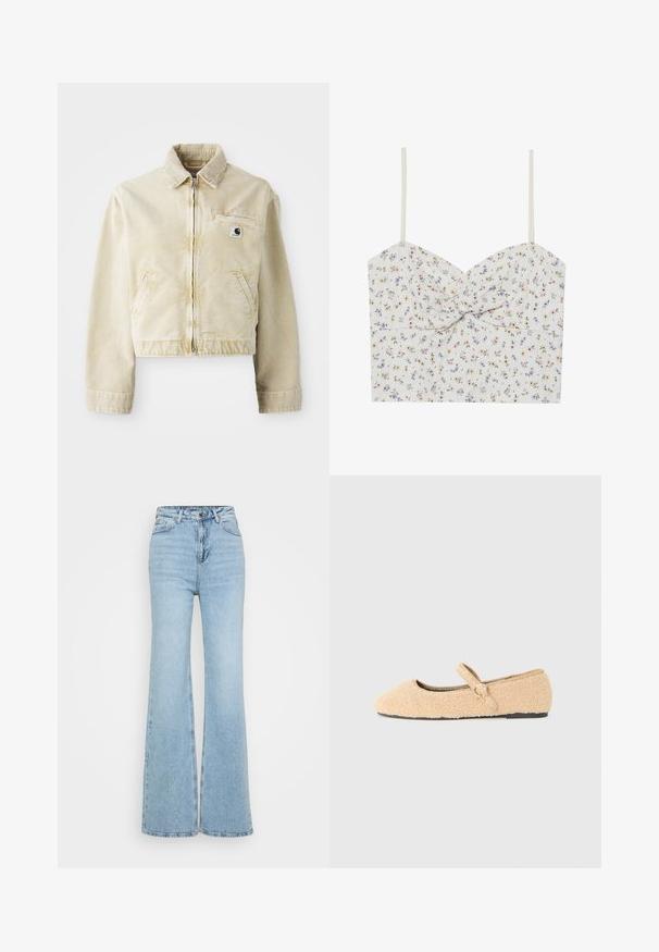 Beige taillierte Jacke aus weichem Stoff mit einem Frontreißverschluss, Kragen, zwei Seitentaschen und einem kleinen Logopatch auf der Brust.; Blumen-Crop-Top mit dünnen Trägern; weißer Grundstoff verziert mit kleinen rosa, gelben und lila Blumen; gedrehte Vorderseite; leichter Stoff.; Helle blaue Schlagjeans aus Denim, mit hohem Bund, Fünf-Taschen-Design und ungesäumtem Saum unten. Die Textur ist leicht abgenutzt.; Beige, flauschiger Mary Jane-Ballettschuh mit runder Zehenpartie, verstellbarem Riemen mit rundem Schnallenverschluss und schwarzer Sohle auf weißem Hintergrund.