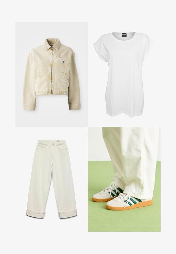 Beige lühike jakk, mis on valmistatud pehmest kangast, millel on ees tõmblukk, krae, kaks küljetaskut ja väike logo silti rinnal.; Valge lühikeste varrukatega T-särk, mis on valmistatud puuvillast. Särk on vabalt liikuv, lai krae ning minimaalne disain ilma mustrite või aksessuarideta.; Laia jalaga koorevärvi teksapüksid, millel on ülespööratud äärised, ees taskud, vööaasad ja nööpidega sulgur vöökohal.; Valged tennisjalanõud roheliste triipudega, tekstuurse suede ja võrkmaterjaliga, kummist tallaga ja valgete paeltega, koos laia valge pükstega.