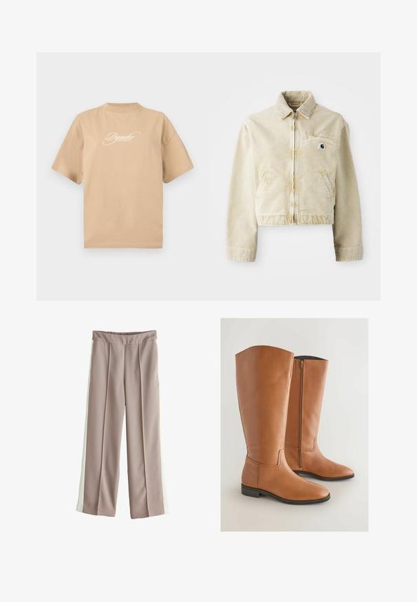 Beige cropped jakke lavet af blødt stof, med en frontlynlås, krave, to sidelommer og et lille logo-patch på brystet.; Beige bomulds t-shirt med korte ærmer, rund halsudskæring og hvid skråskrift på fronten, der står "Pegador Dreams Come True."; Lysebrune bukser med vide ben, hvide sidelister, elastisk linning og frontfolder, lagt fladt på en hvid baggrund.; Høje, brune læderridestøvler med et strømlinet design, rund tå og en lynlås på siden for nem påtagning. Flade såler og minimale syninger.