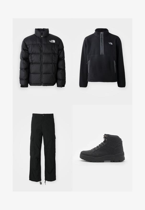 Schwarze Pufferjacke mit hohem Kragen, horizontalen Nähten und Reißverschluss. Verfügt über ein Logo auf der oberen linken Seite und Klettverschlüsse an den Ärmeln.; Schwarzer Fleece-Halbzip-Pullover mit hohem Kragen, ausgestattet mit einer Brusttasche und zwei Seitentaschen. Das Design enthält einen kontrastierenden Reißverschluss.; Schwarze Cargo-Hosen aus strapazierfähigem Material, mit zwei Seitentaschen, einem Knopfverschluss und verstellbaren Säumen für eine lockere, relaxten Passform.; Schwarze Stiefeletten bis zur Mitte des Knöchels aus Wildleder. Mit metallischen Ösen, Schnürsenkeln und einer strukturierten Gummisohle mit verstärktem Absatz.