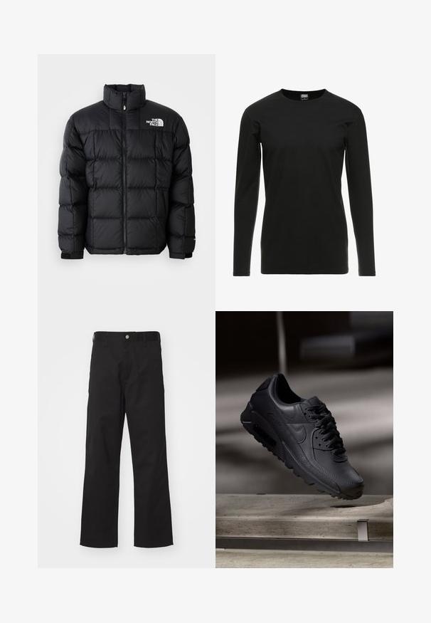 Sort dunjakke med høj krave, vandret syninger og lynlås-lukning. Har logo på den øverste venstre side og velcro-manchetter.; Urban Classics STRETCH TERRY - Langærmet T-shirt - black; Sorte bukser lavet af slidstærkt stof med lige pasform, der har knaplukning foran, bæltestropper og ingen synlige mønstre eller accenter.; Sorte Nike Air Max-sneakers med en struktureret læderoverdel, gummisål og fremtrædende snøresystem, der viser et slankt, moderne design.