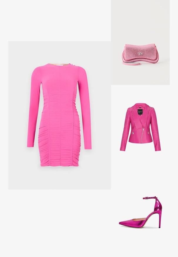 Chaqueta de imitación de cuero rosa con solapa afilada, cierre con cremallera en la parte delantera y detalles de tachuelas plateadas a lo largo de los hombros y las mangas. Presenta un diseño ajustado.; Vestido ajustado de manga larga en un vibrante color rosa. Presenta textura fruncida, escote redondo y detalles laterales con un pequeño acento metálico.; Zapato de tacón alto metálico rosa con punta afilada, correa en el tobillo y superficie texturizada. Presenta un tacón stiletto delgado y un interior suave.; Pequeño bolso de mano rosa brillante con cierre de broche plateado y una correa fina para la muñeca sobre fondo blanco.