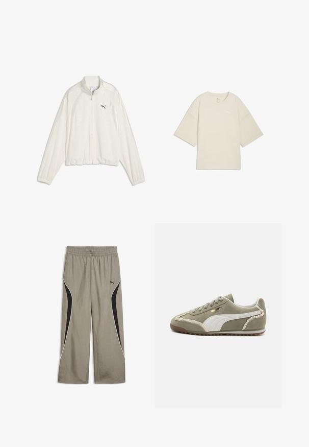 Hvid jakke med fuld lynlås, lange ærmer, elastiske manchetter og kant, stående krave og en lille sort Puma-logo på venstre bryst.; Lysebeige bomuld t-shirt med korte, brede ærmer og rund hals. Har en lille hvid logo på brystet. Blød tekstur.; Beige vidde trackpants med elastisk talje, sorte buede sidelommer, hvide piping og lille Puma-logo på højre lår.; Grønne ruskind sneakers med hvide læderdetaljer, struktureret syning, snørelukning og gummisål. Har unikke designfunktioner langs siderne.