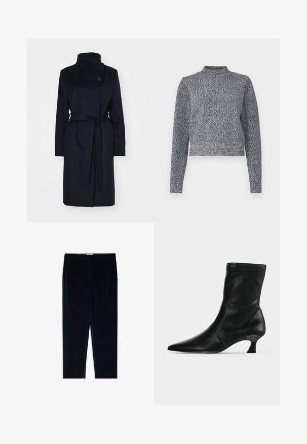 Marineblå uldfrakke med høj krave, lange ærmer og matchende bælte. Har en enkelt knaplukning og glat tekstur.; Marineblå og hvid strikket sweater med høj hals, lange ærmer og cropped pasform; har et tekstureret, spraglet design.; Marineblå fløjlsbukser med en glat tekstur, slim fit og sidelommer. Har en flad talje og et lige bendesign.; Sort læderstøvle til midt på læggen med spids tå og lav kittenhæl, vist fra siden på en ensartet lys baggrund.