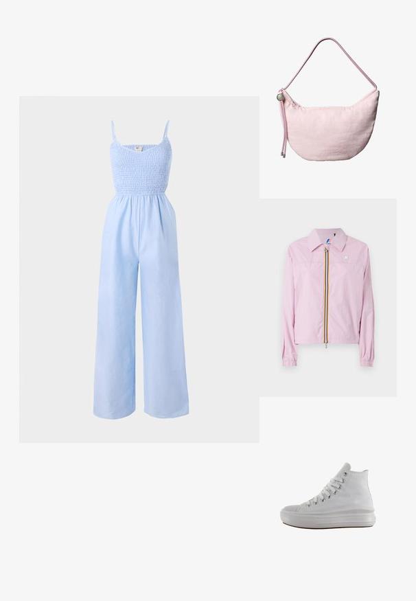 Let rosa let jakke med krave, frontlynlås med gule og blå striber, elastiske manchetter og et lille logo på brystet.; Lysblå jumpsuit lavet af blødt stof, med et smocked bodice, tynde stropper og vide ben for en løs pasform.; Hvid højt canvas sneaksko med hvide snørebånd, metaløjer, tyk gummisål og tekstureret tåhætte, vendt mod venstre på en hvid baggrund.; Blød lyserød skuldertaske i halvmåneform med justerbar snorrem, metalstopper og diskret præget "cK" logo midt foran.