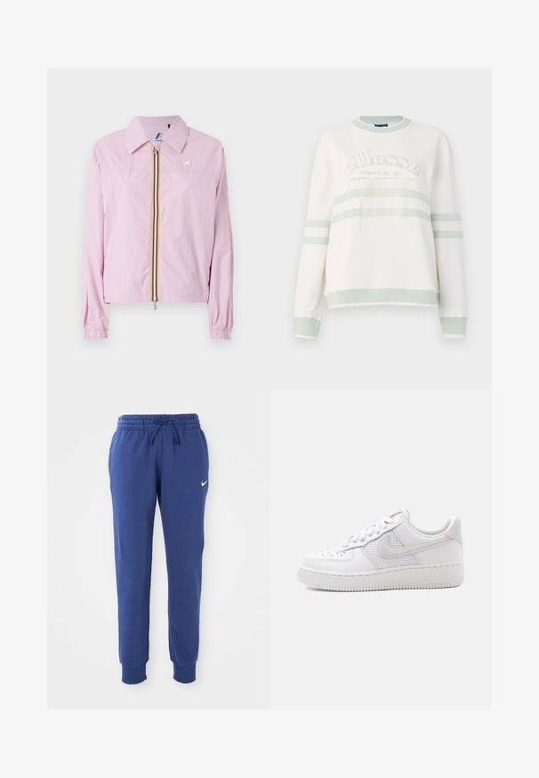 Rosa leichte Jacke mit Kragen, frontalem Reißverschluss, der gelbe und blaue Streifen aufweist, elastische Bündchen und ein kleines Logo auf der Brust.; Weißer, gerippter Sweatshirt mit hellgrünen Akzenten. Verfügt über einen Rundhalsausschnitt, lange Ärmel und ein zentriertes Logo mit horizontalen Streifen.; Blaue Nike-Sweatpants mit elastischem Bund, Kordelzug, Bündchen an den Knöcheln und weißem Nike-Swoosh-Logo am linken Oberschenkel.; Weißer Nike Air Force 1 Sneaker mit niedrigem Schaft, weißen Schnürsenkeln, Perforationen an der Zehenkappe und einem Mesh-Einsatz hinter dem Nike-Swoosh-Logo.