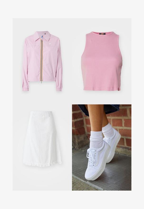 Chaqueta ligera rosa con cuello, cierre frontal y rayas amarillas y azules, puños elásticos y un pequeño logo en el pecho.; Top corto de canalé rosa con cuello redondo y diseño sin mangas. Presenta un dobladillo que termina justo por encima de la cintura.; Falda blanca con cintura elástica, que presenta un patrón texturizado y un dobladillo con volantes en la parte inferior. Diseño simple en forma de A.; Zapatillas de lona blancas con suelas de goma, que presentan seis ojales, puntera redonda y detalles de costura ligera, combinadas con calcetines blancos hasta el tobillo.