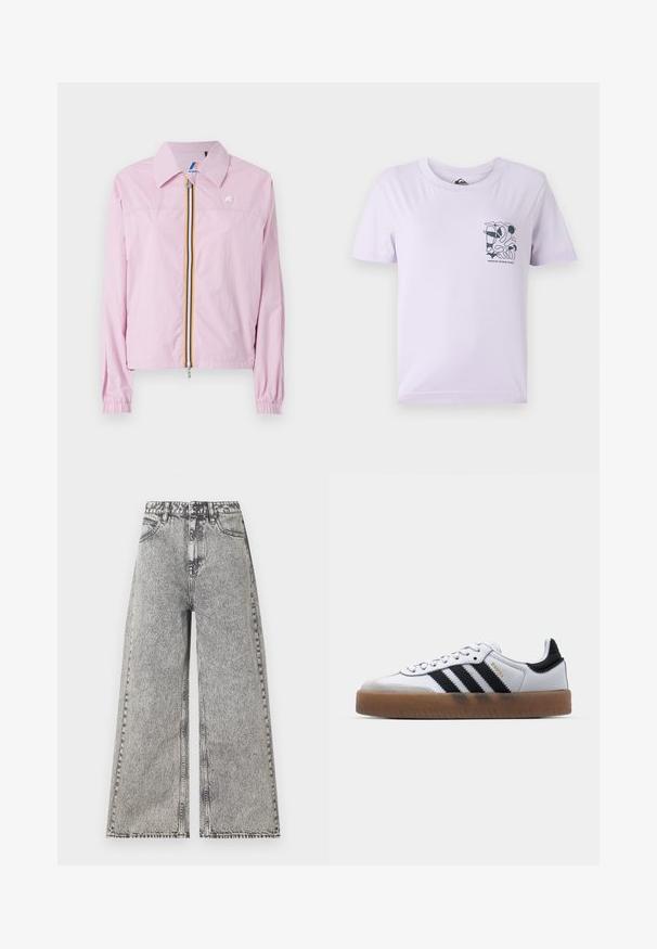 Lichtgewicht roze jack met een kraag, rits aan de voorkant met gele en blauwe strepen, elastische manchetten en een klein logo op de borst.; Lichtpaarse T-shirt met korte mouwen, gemaakt van katoen, met een zwart abstract ontwerp en tekst op de linkerkant van de borst.; Wijdlopende jeans in vervaagd zwart denim, met een hoge taille, klassiek vijf-pocket ontwerp en zichtbare stikdetails.; Witte leren sneakers met zwarte strepen, gumrubberen buitenzool, ronde neus, vetersluiting en een zachte grijze suède neuskap.