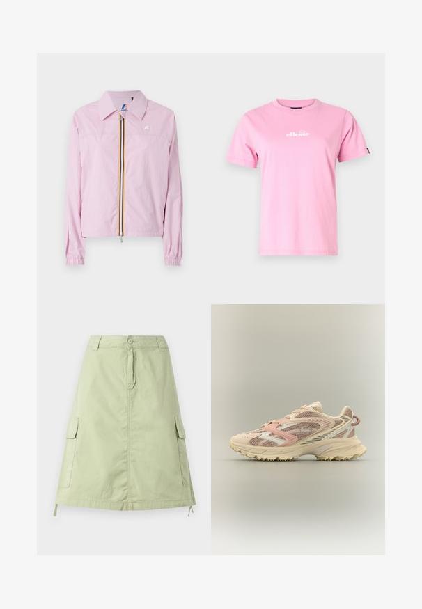 Chaqueta ligera rosa con cuello, cierre frontal y rayas amarillas y azules, puños elásticos y un pequeño logo en el pecho.; Camiseta de algodón rosa con cuello redondo, mangas cortas y un logo blanco estampado en la parte delantera. Textura suave, ajuste casual.; Falda de algodón verde claro, hasta la rodilla, con dos bolsillos laterales tipo cargador, cierre de botón y un corte recto relajado. Textura lisa.; Zapatilla de correr con parte superior de malla en tonos rosa, beige y crema, refuerzos sintéticos, suela gruesa y suela texturizada para agarre, vista lateral.