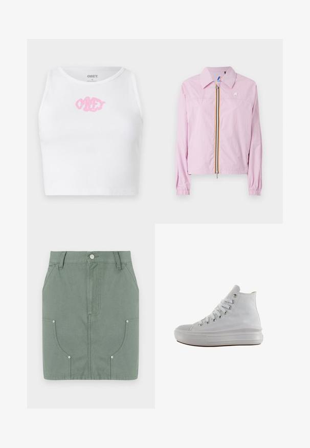 Lichtgewicht roze jack met een kraag, rits aan de voorkant met gele en blauwe strepen, elastische manchetten en een klein logo op de borst.; Witte geribde cropped top met een roze "OBEY" logo in het midden. Ontworpen met een ronde halslijn en zonder mouwen.; Groene katoenen rok met een fitted ontwerp, voorzien van voorzakken, een gladde textuur en metalen hardwareaccenten op de zakken.; Witte hoge canvas sneaker met witte veters, metalen oogjes, dikke rubberen zool en gestructureerde neuskap, naar links gericht op een witte achtergrond.