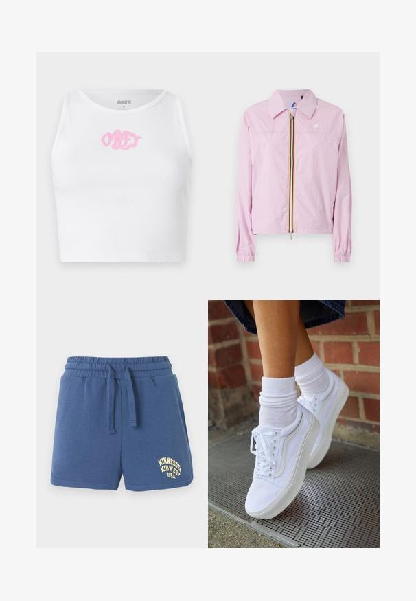 Rosa leichte Jacke mit Kragen, frontalem Reißverschluss, der gelbe und blaue Streifen aufweist, elastische Bündchen und ein kleines Logo auf der Brust.; Weißes, geripptes Crop-Top mit einem rosa "OBEY"-Logo in der Mitte. Mit rundem Ausschnitt und ärmellosem Design.; Blaue Shorts mit elastischem Bund und Kordelzug, Seitentaschen und dem in Gelb auf dem linken Bein aufgedruckten Schriftzug "Minnesota Midwest USA".; Weiße Leinensneaker mit Gummisohlen, ausgestattet mit sechs Ösen, runder Zehenpartie und dezenten Nähten, kombiniert mit weißen Knöchelsocken.