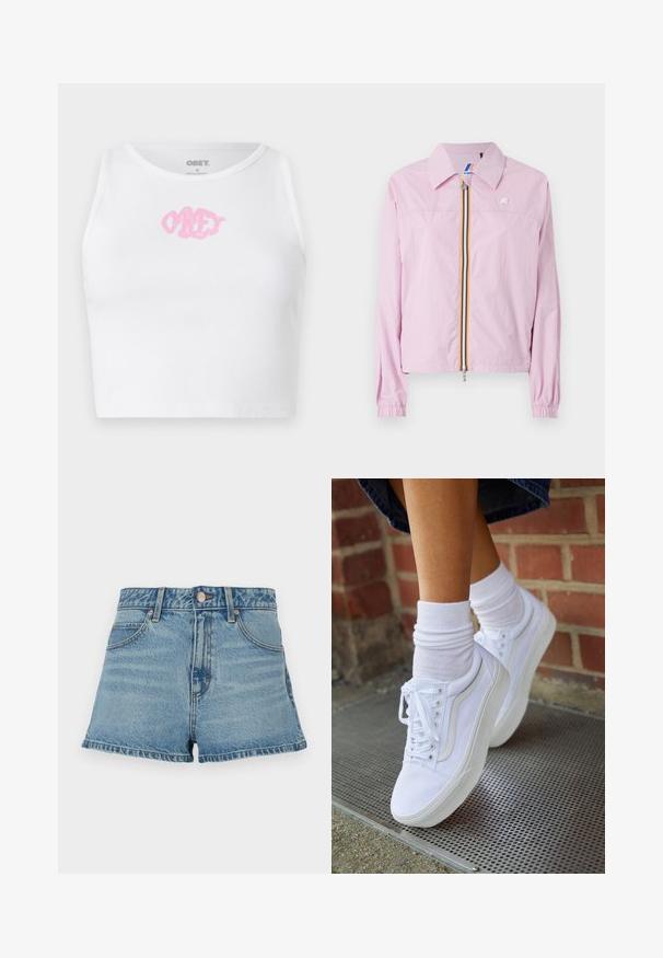 Let rosa let jakke med krave, frontlynlås med gule og blå striber, elastiske manchetter og et lille logo på brystet.; Hvid ribbet crop top med et pink "OBEY" logo i midten. Designet med en rund halsudskæring og uden ærmer.; Lysblå denimshorts med høj talje, frynset kant, kontrasterende syninger og frontlommer. Inkluderer en metalknap og mærkeetiket.; Hvide lærreds sneakers med gummisåler, der har seks snørehuller, rund tå og let sømdetaljer, krydret med hvide ankelstrømper.