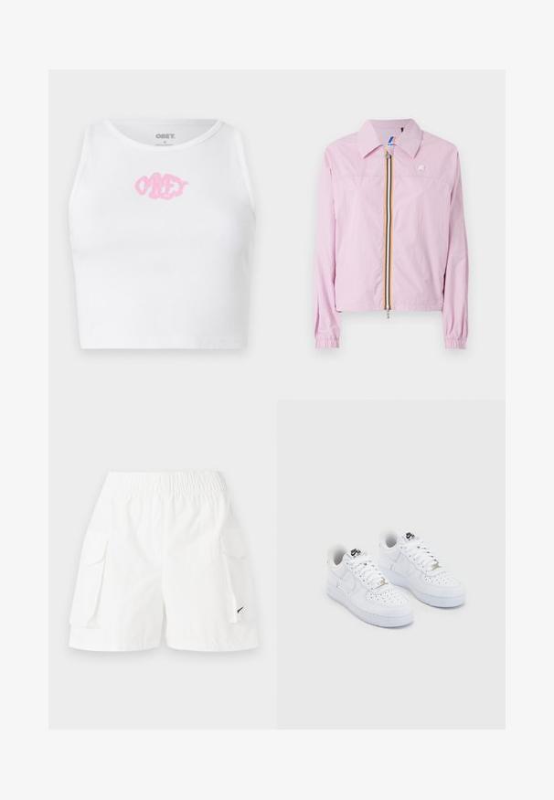 Let rosa let jakke med krave, frontlynlås med gule og blå striber, elastiske manchetter og et lille logo på brystet.; Hvid ribbet crop top med et pink "OBEY" logo i midten. Designet med en rund halsudskæring og uden ærmer.; Hvide cargoshorts med elastisk talje, to sidelommer og et lille sort logo på den nederste side. Letvægtsstof, afslappet design.; Hvide Nike Air Force 1 sneakers med en glat læderoverdel, perforeret tåboks, hvide snørebånd og sort branding på tungen.