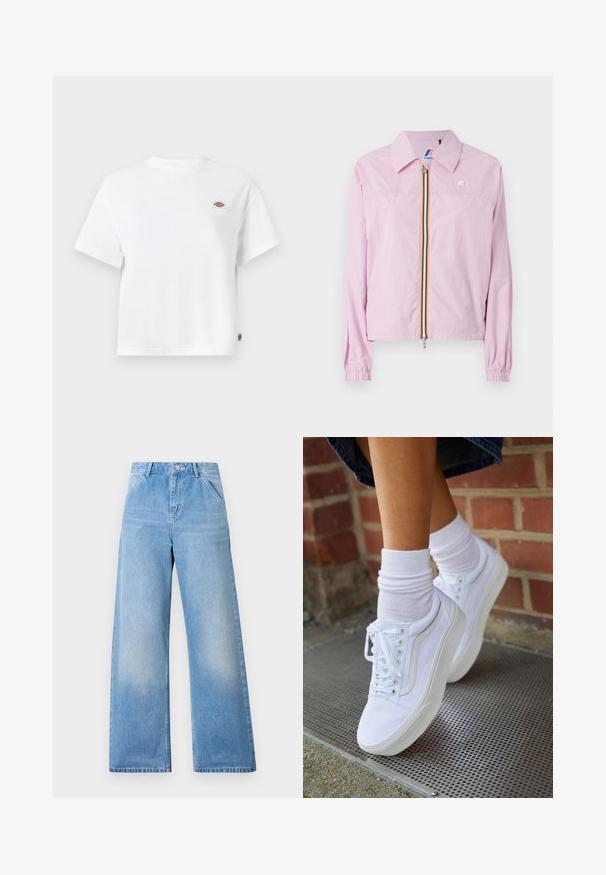 Lichtgewicht roze jack met een kraag, rits aan de voorkant met gele en blauwe strepen, elastische manchetten en een klein logo op de borst.; Witte katoenen T-shirt met een relaxte pasvorm, voorzien van een klein logo-opdruk op de borst en een label aan de zijkant voor een extra detail.; Lichtblauwe denim wide-leg jeans met een hoog elastische tailleband, voorzien van twee voorzakken en een knoopsluiting. Schoon afgewerkt met minimale vervaging.; Witte canvas sneakers met rubberen zolen, voorzien van zes vetertjes, een ronde neus en lichte stikdetails, gecombineerd met witte enkelsokken.