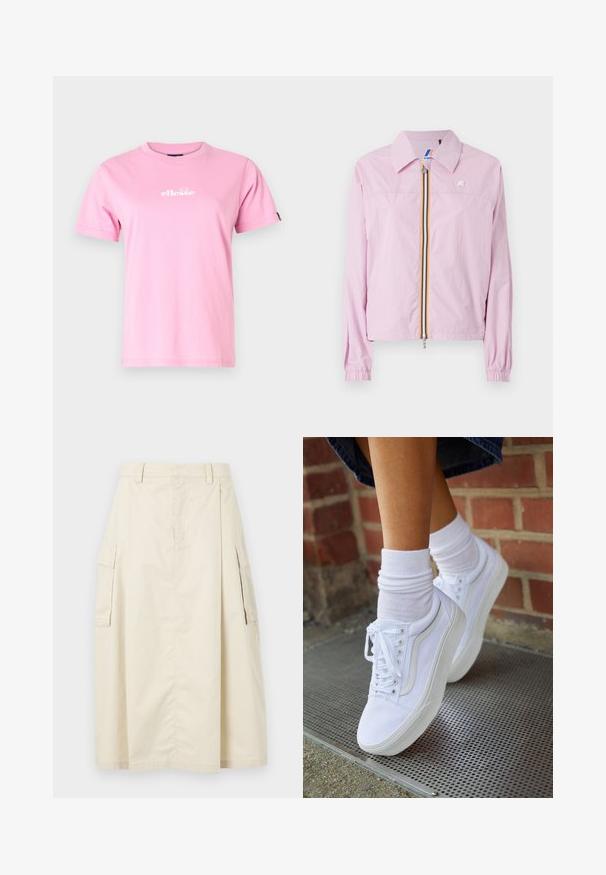 Veste légère rose avec col, fermeture éclair sur le devant, ornée de rayures jaunes et bleues, poignets élastiques et un petit logo sur la poitrine.; T-shirt en coton rose avec un col rond, des manches courtes et un logo blanc imprimé sur le devant. Texture lisse, coupe décontractée.; Jupe beige, longueur genou, en coton. Présente deux poches cargo sur les côtés et un pli à l'avant, avec une taille et une fermeture éclair cachée.; Baskets en toile blanches avec semelles en caoutchouc, dotées de six œillets, d'un bout rond et de détails de couture légers, portées avec des chaussettes blanches mi-mollet.